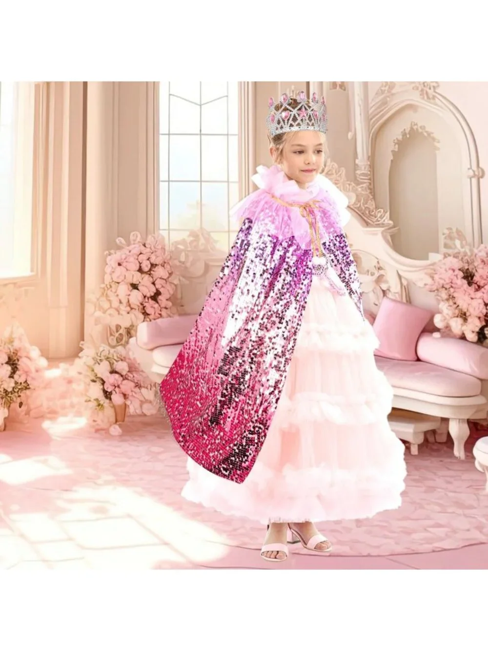 Mermaid Princess Dress Up Cape with Crown Costume Set for Girls Ages 3-8- Red
